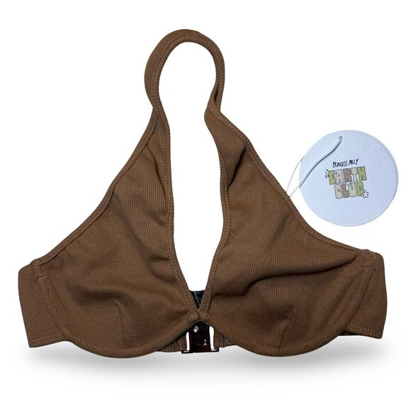 Princess Polly Earth Club Twist Strap Top Sz 4 | Brown Ribbed Halter NWT - Picture 1 of 9